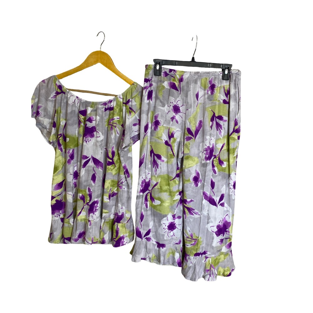 Simply Vera Vera Wang Pajama Set Large Purple Green Floral Ruffle Top Crop Pants - Picture 2 of 10